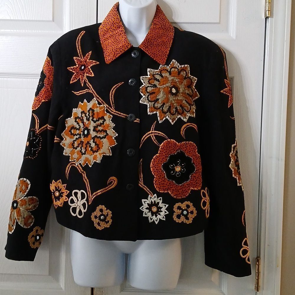 Anage vintage cropped embroidered patchwork button down jacket  Sz L NWOT